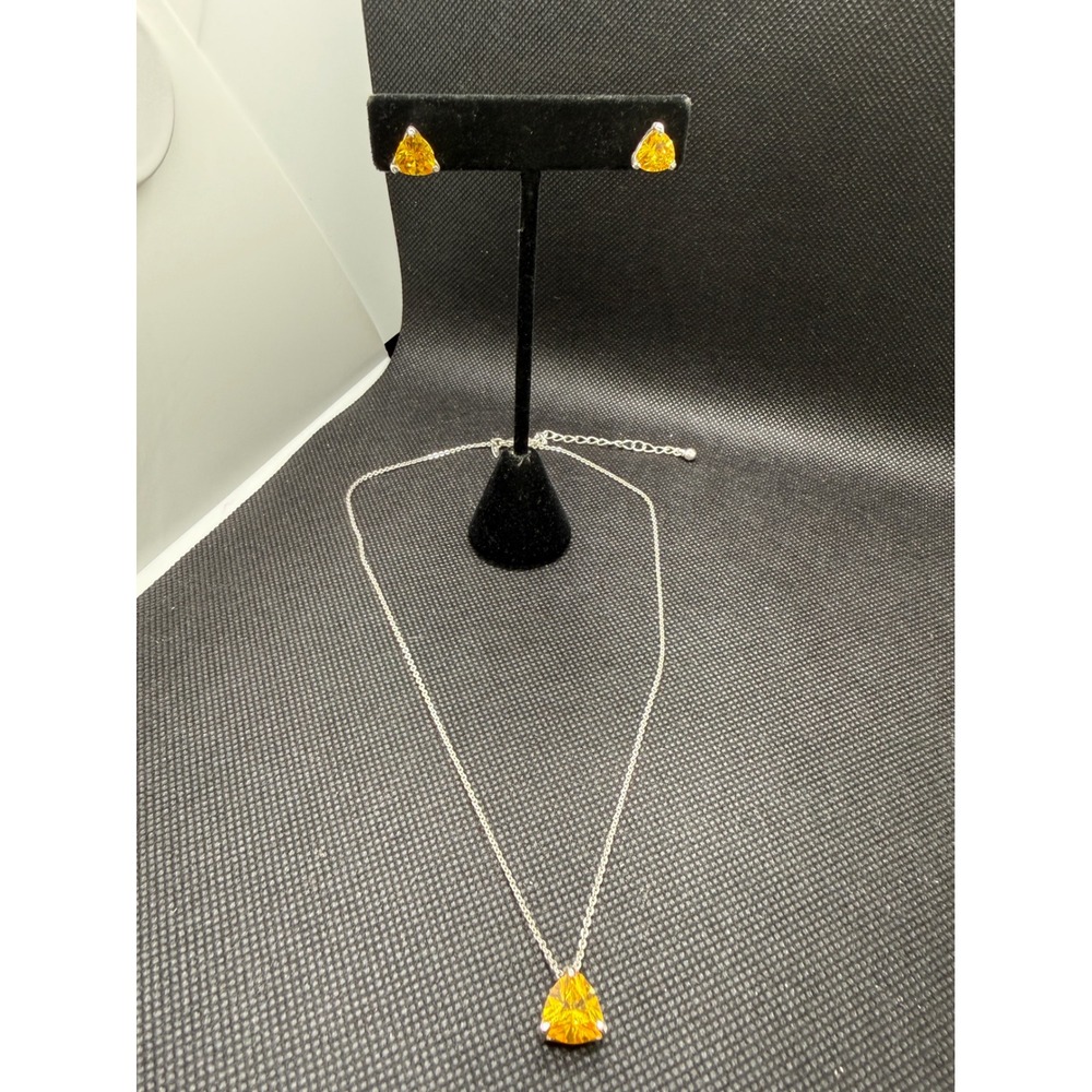 Avon Silver Tone Trillion Cut Yellow Faux Citrine Necklace and Earring Set